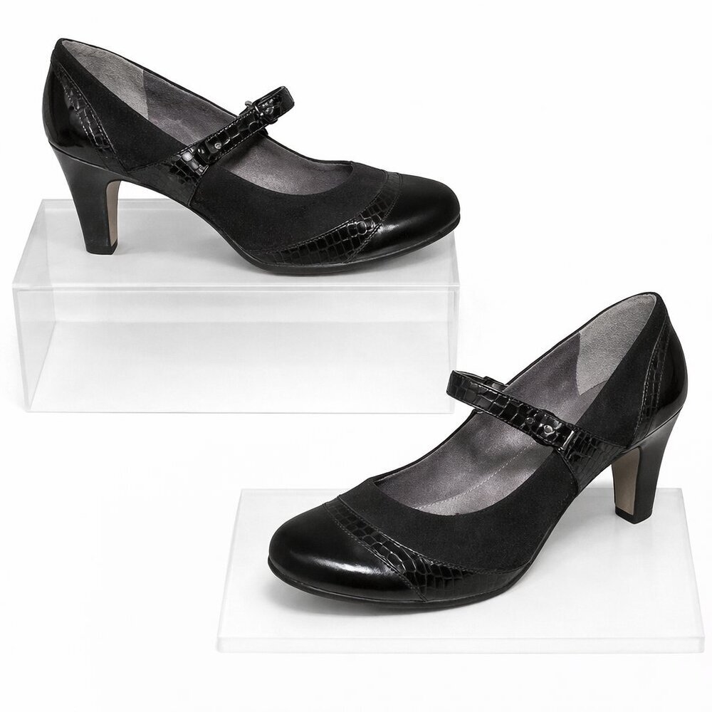 AEROSOLES Mary Jane Faux Croco Patent Suede Black Chunky Heels Pumps Size 10M